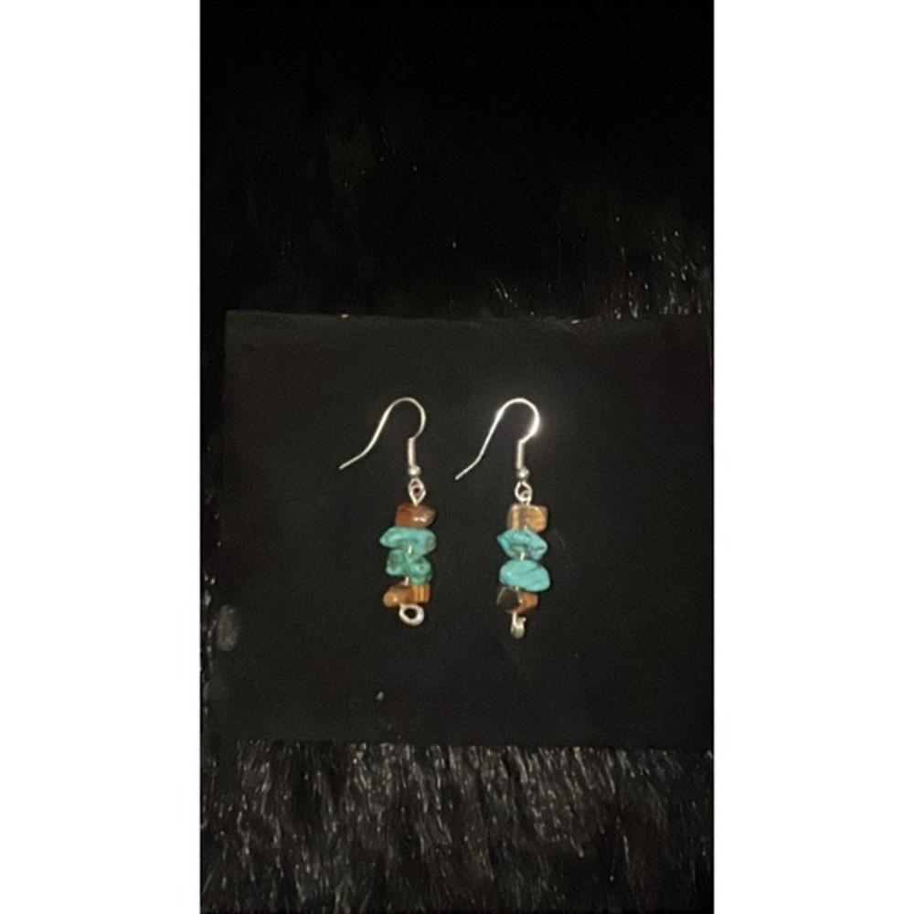 Turquoise and Tigers Eye Silver Dangle Earrings